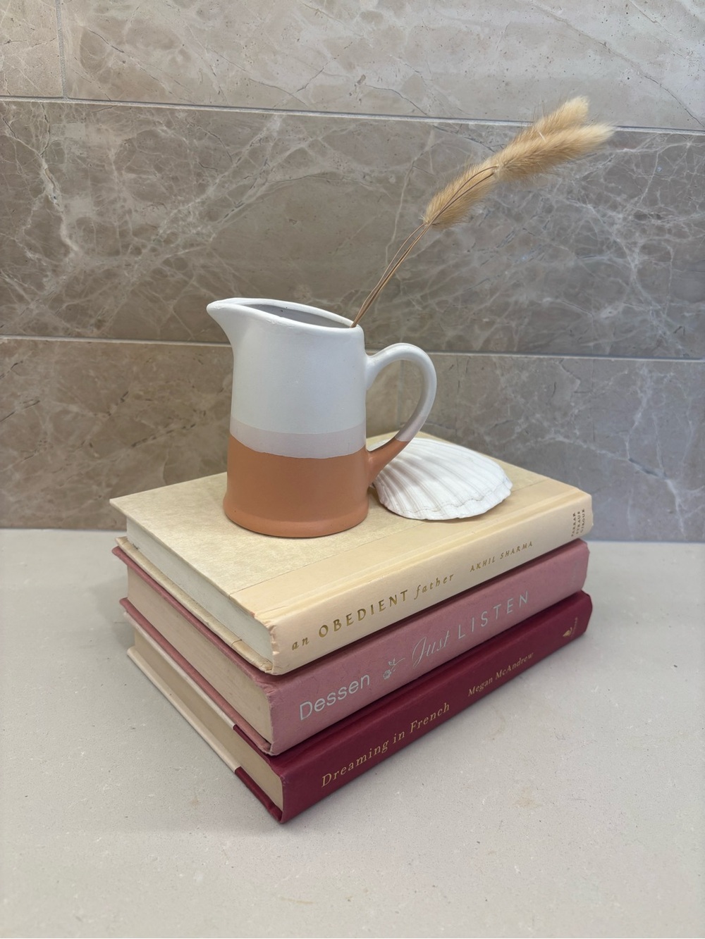 Neutral Book-stack x 3 + Terracotta vase w/ Bunny Tails